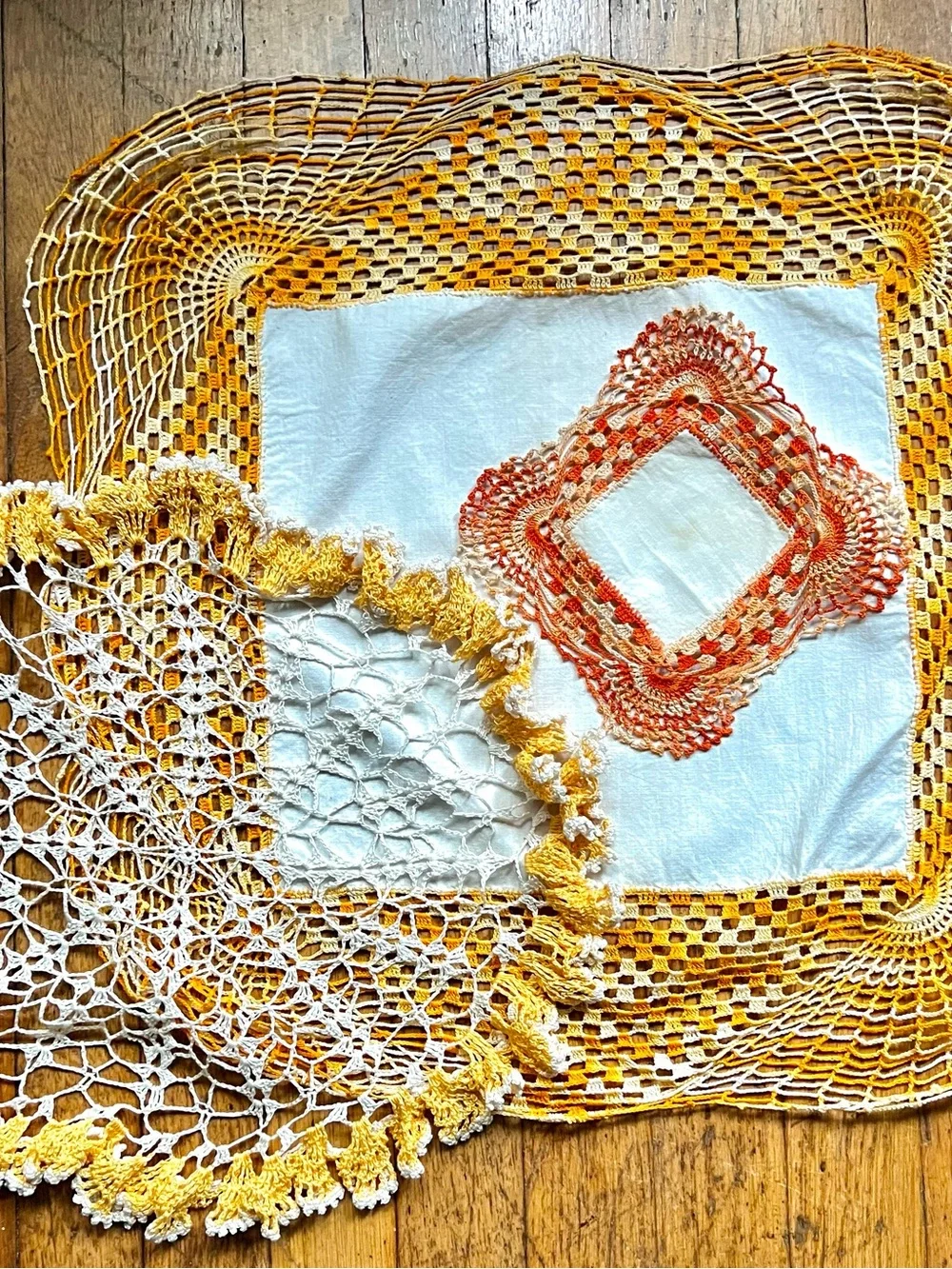 HandmadeVintage Crochet Fall  Doily Set in Yellow, White and Orange